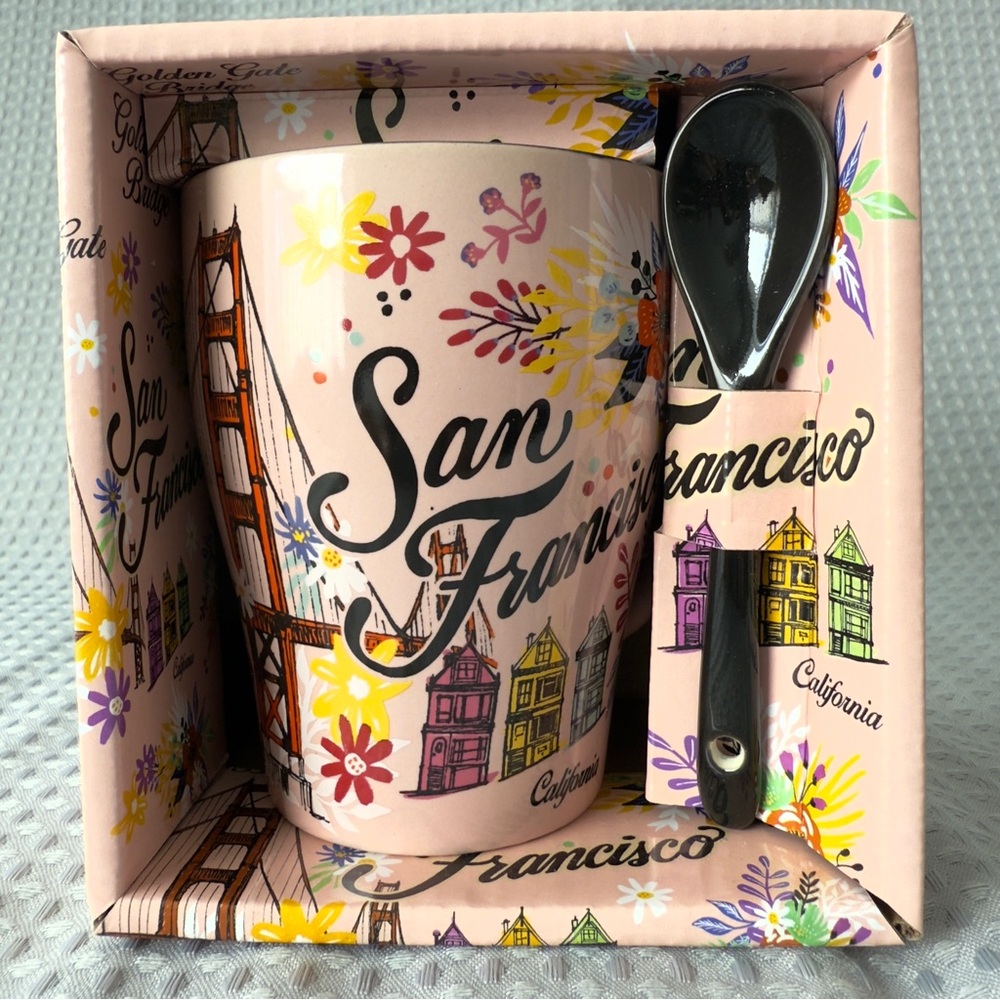 San Francisco Souvenir Mug Gift Set Matching Spoon Illustrated Landmarks 4” NEW